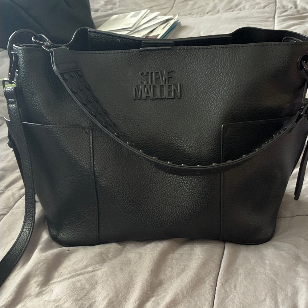 Steve Madden Studded Black Pebbled Leather Shoulder Tote